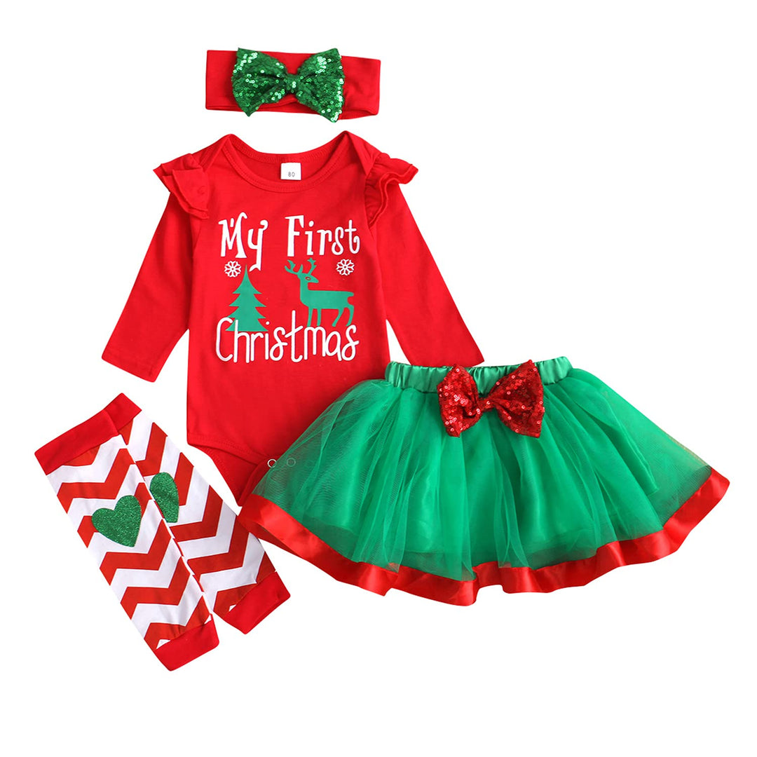 Baby Weihnachtsoutfit Mädchen Mein Erstes Weihnachten Langarm Tops + Rock + Beinwärmer + Schleife 3-