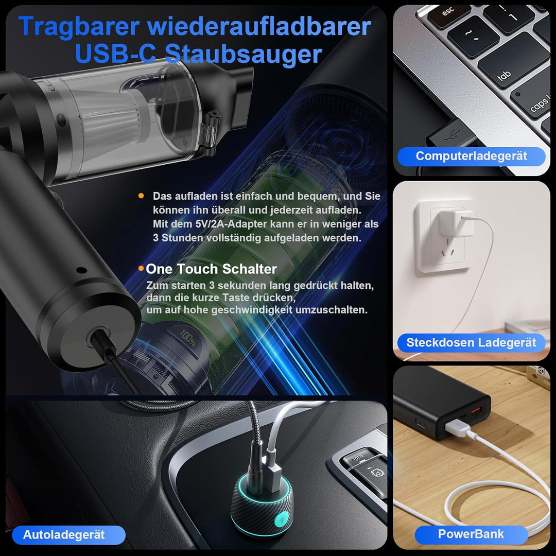 Handstaubsauger, 26000 Pa 4-In-1 Mini Staubsauger Akku Kabellos mit Digitalanzeige 1-Knopf-Selbstent
