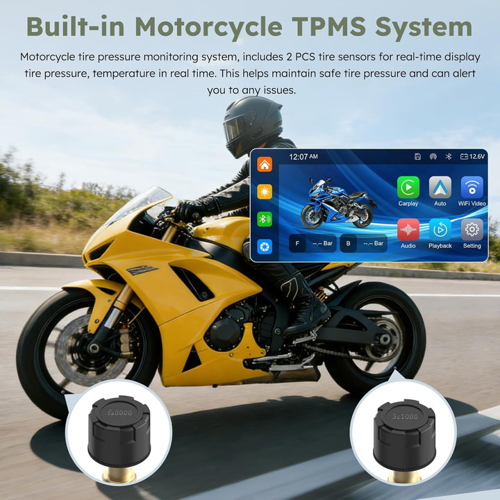 Carpuride W603DT für Motorrad mit CarPlay, Android Auto und TPMS–HD 1080p Dashcam, 6,3-Zoll-Touchscr