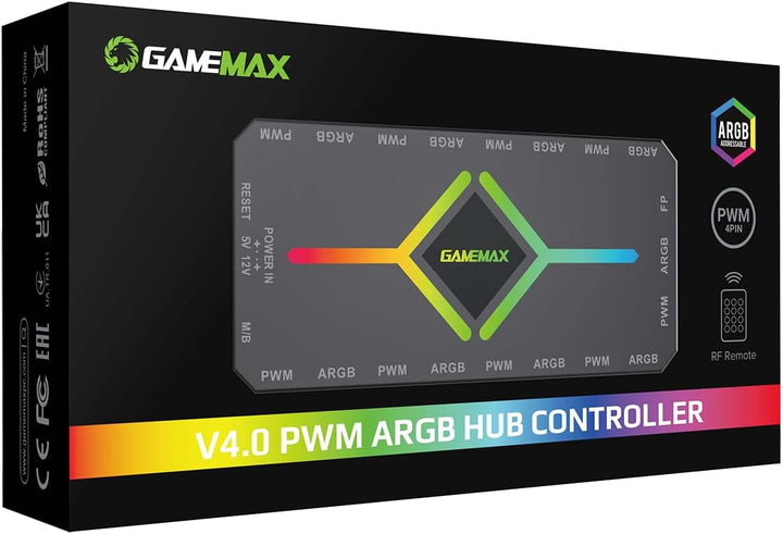 GAMEMAX V4.0 Gehäuselüfter-Hub – 9-Port-PWM-Lüfterverteiler mit RF-Fernbedienung und SATA-Stromverso