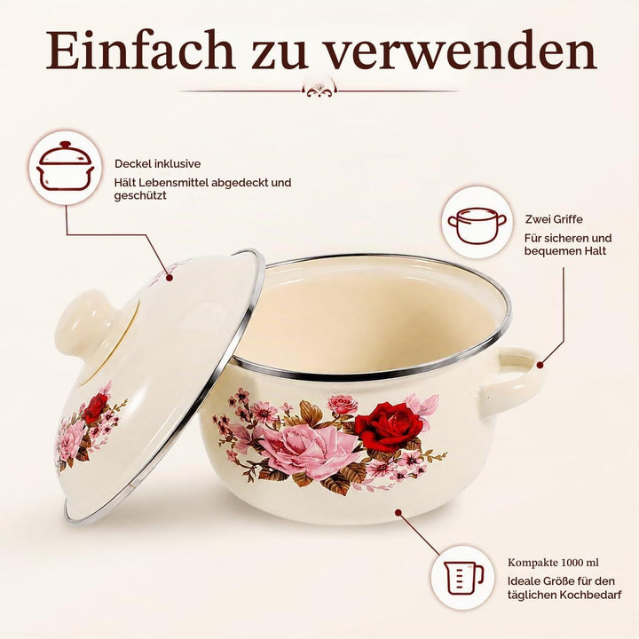 Alipis Emaillierter Kochtopf Mit Blumenmuster Emaille-suppentopf Mit Deckel Und Doppelgriff Vielseit
