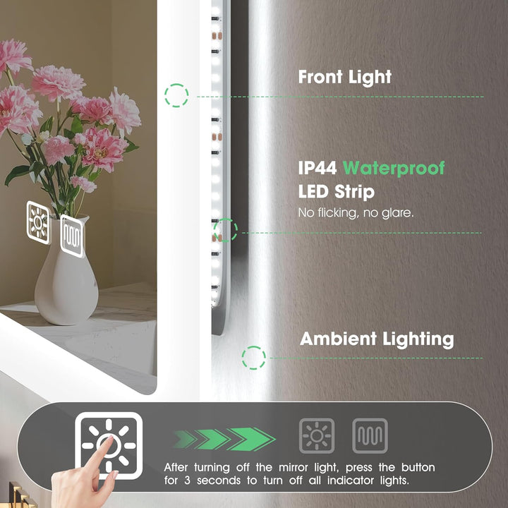 S'bagno Badspiegel-mit-Beleuchtung 100x70cm, Led-Badezimmerspiegel-mit-Licht, Entfoggen, 3 Farben, D