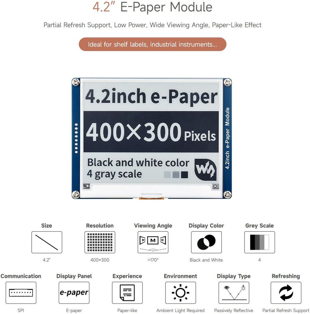 Waveshare 4.2 Inch E-Paper Display Module Kit 400 x 300 Resolution 3.3v/5v E-Ink Electronic Screen w