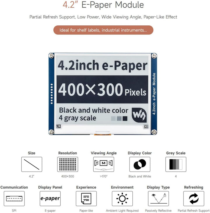 Waveshare 4.2 Inch E-Paper Display Module Kit 400 x 300 Resolution 3.3v/5v E-Ink Electronic Screen w