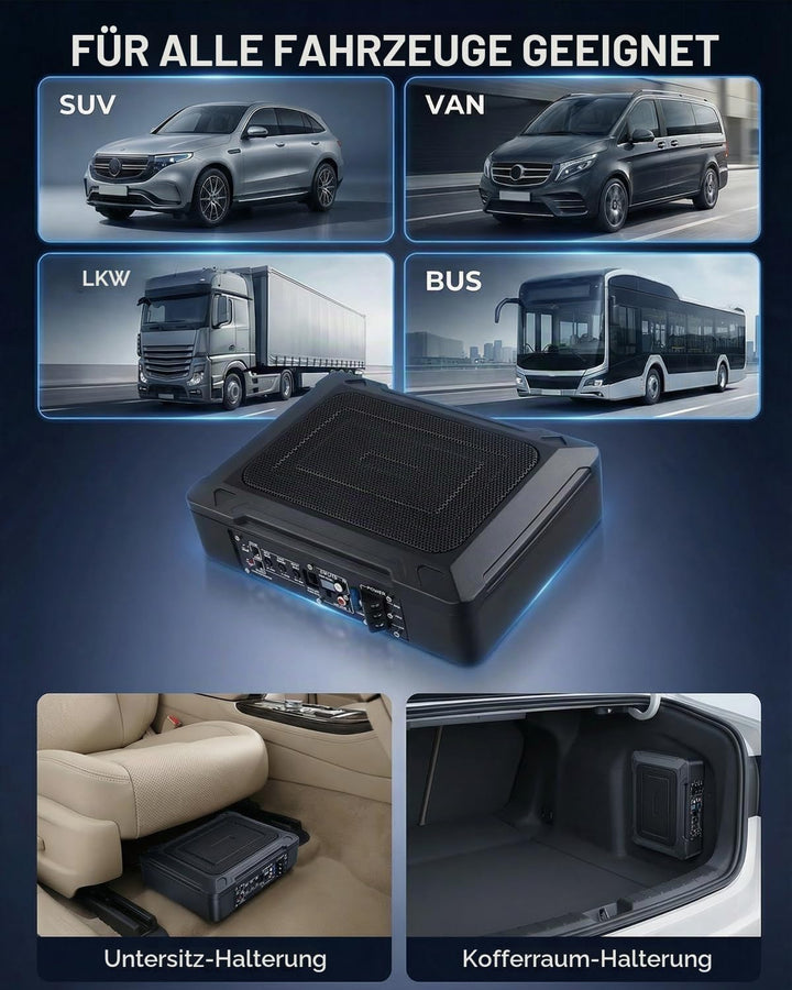 Ultraflacher Auto-Subwoofer, geeignet für Auto/Truck, mit integriertem Verstärker, unter den Sitzen