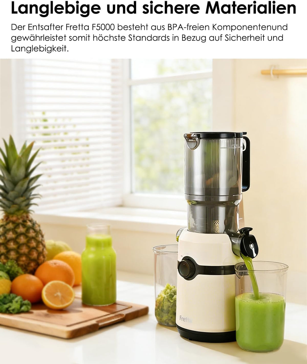 Fretta Entsafter,Slow Juicer mit 108MM Breite und Grössere Fütterungsröhre,Füllvolumen für ganze Gem