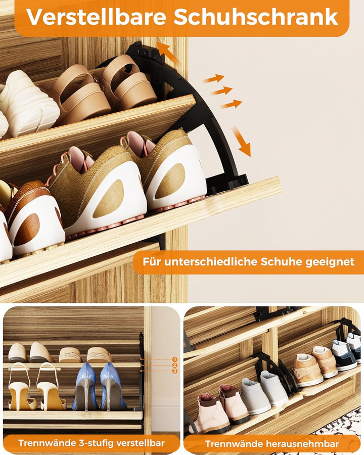 IRONCK Schuhschrank mit 4 Klappen, Schuhkipper Schmal mit 2 Schubladen, freistehendes Schuhregal, Sc