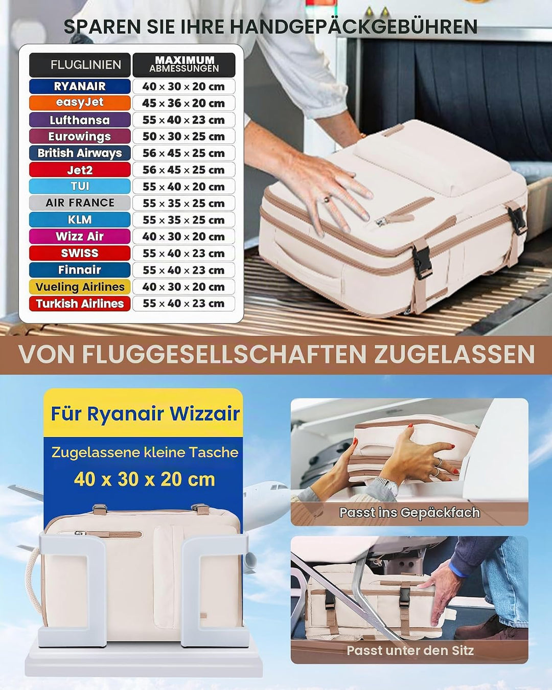 SZLX Vakuum Rucksack mit pumpe Ryanair Handgepäck 40x30x20 Damen Wizzair Handgepäck 40x30x20 Vakuum