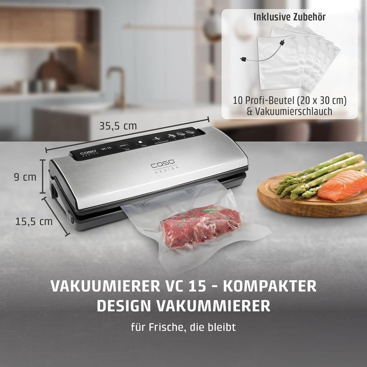 CASO 1371 VC15 Vakuumierer inkl. 10 gratis Vakuumierbeutel, Vakuumstop, Schweissfunktion, Vakuumgerä
