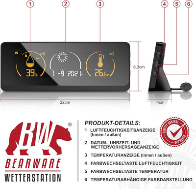 Funk Wetterstation mit Farbdisplay und Aussensensor - DCF Empfangssignal Funkuhr - Innen- und Aussen