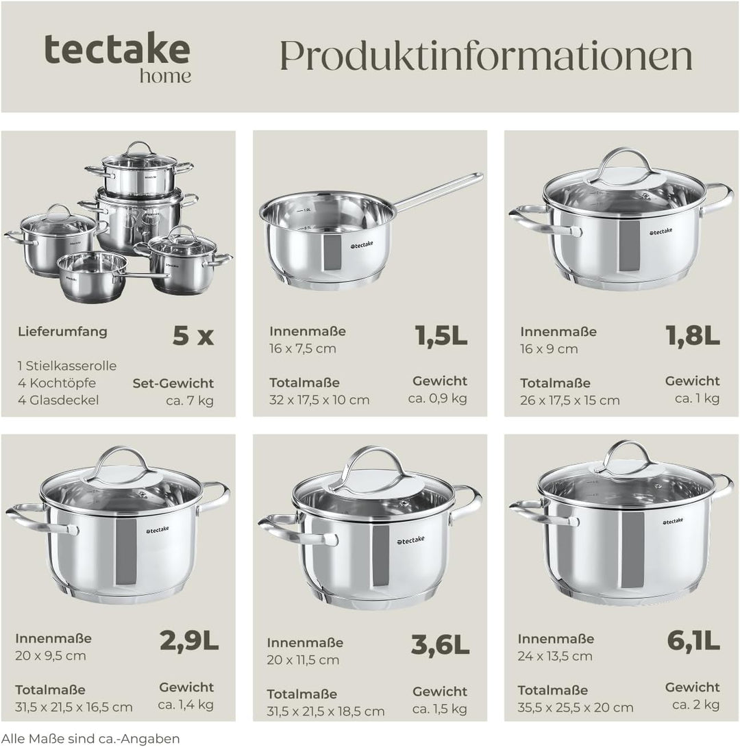 tectake® 9-tlg. Topfset, Edelstahl Kochgeschirr, Töpfe Set mit Deckel, Kochtopf Set für Induktionsko