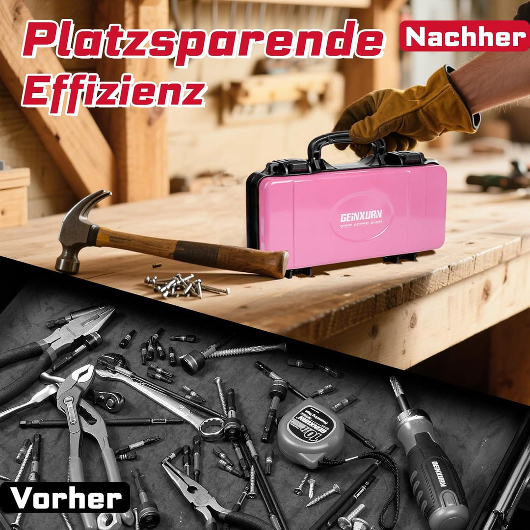Rosa Werkzeugkasten, Tragbarer, Robuster Werkzeugkoffer aus Stahl mit Sicherheitsverschluss und Grif