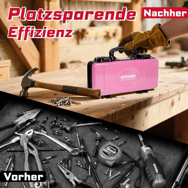 Rosa Werkzeugkasten, Tragbarer, Robuster Werkzeugkoffer aus Stahl mit Sicherheitsverschluss und Grif