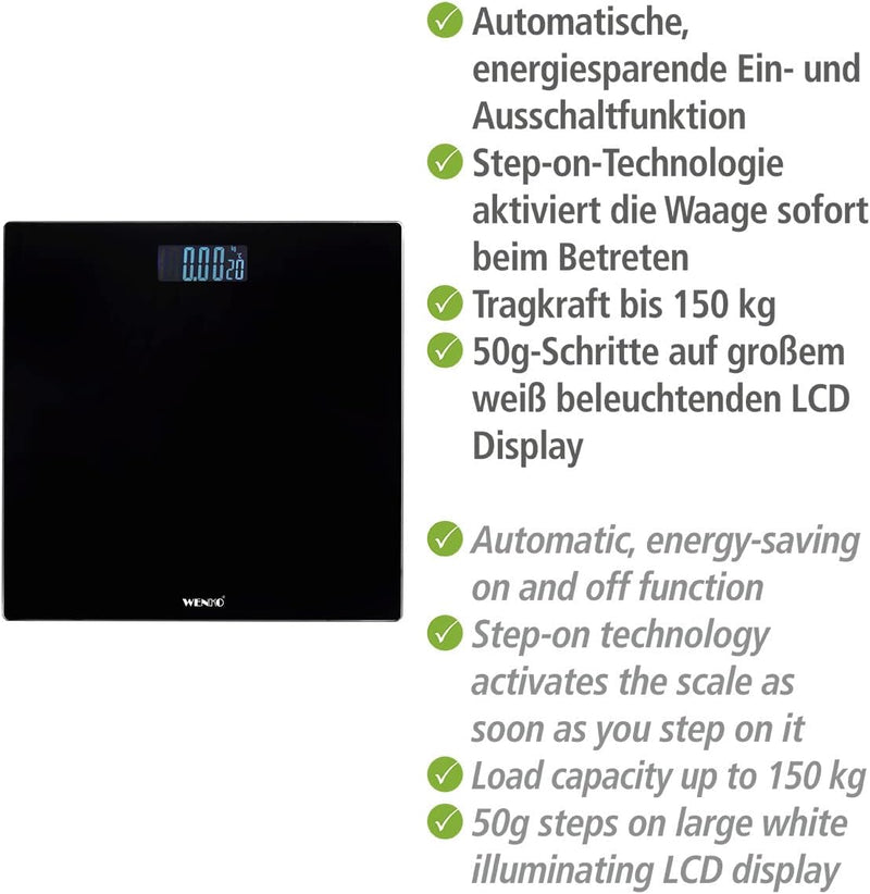 WENKO Personenwaage LCD, präzise, Digitale Körperwaage aus Sicherheitsglas mit automatischer EIN-/Au