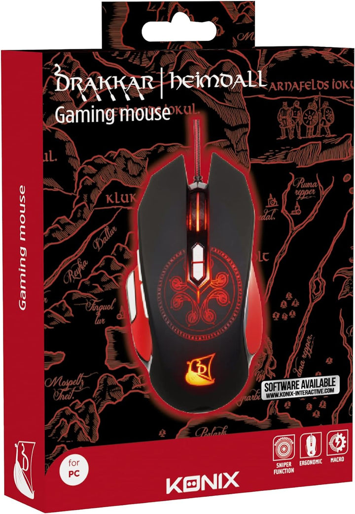 Konix Drakkar Fadenmaus Heimdall für PC - 9 Tasten - 4.000 DPI Auflösung - 1,7 m Kabel - 5-Farb-Hint