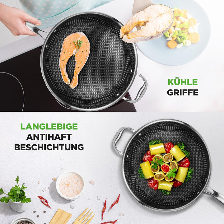 NutriChef Wokpfanne, 30cm Edelstahl Pfanne mit Kratzfester Mesh Beschichtung, Inkl. Glasdeckel, Für