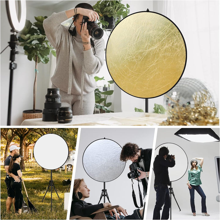 Spardar 110CM 5 in 1 Reflektor Mit Stativ, Runder Faltreflektor (Diffusor und Gold/Silber/Weiss/Schw