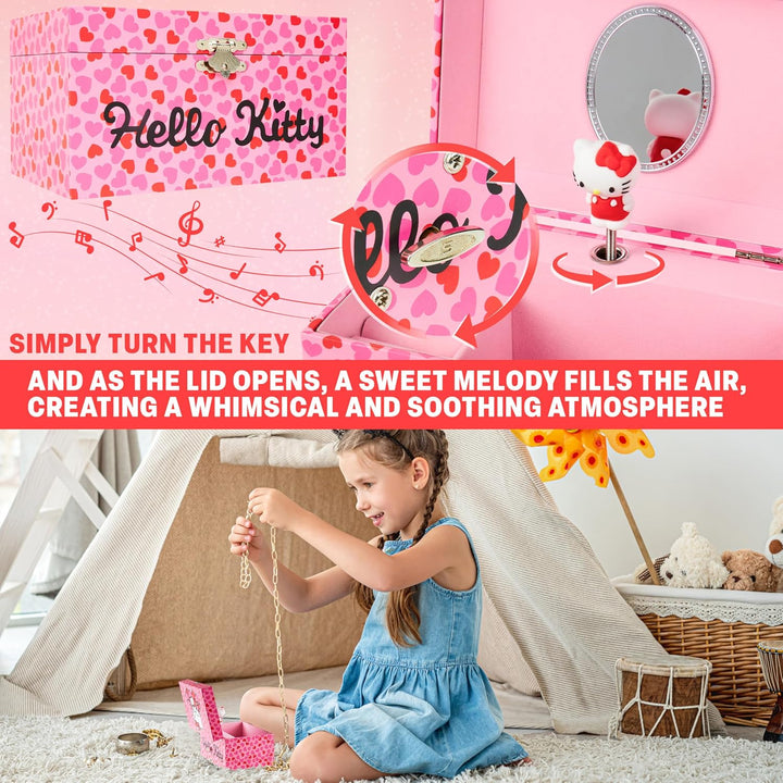 Hello Kitty Schmuckkästchen Mädchen mit Spieluhr Spiegel Schmuckschatulle Kinder für Ringe Ohrringe