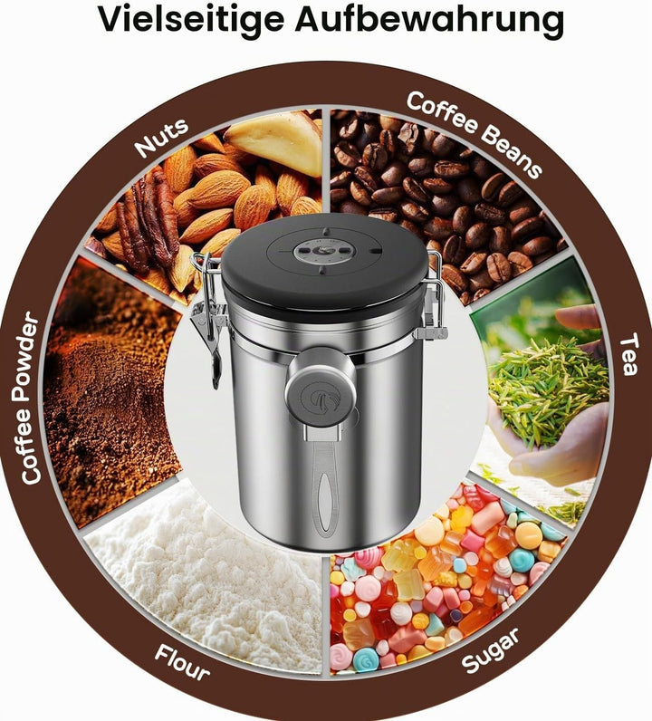 Coffee Gator Kaffee-Kanister mit Datumsanzeige, CO2-Freigabe-Ventil und Schaufel, gross Medium edels