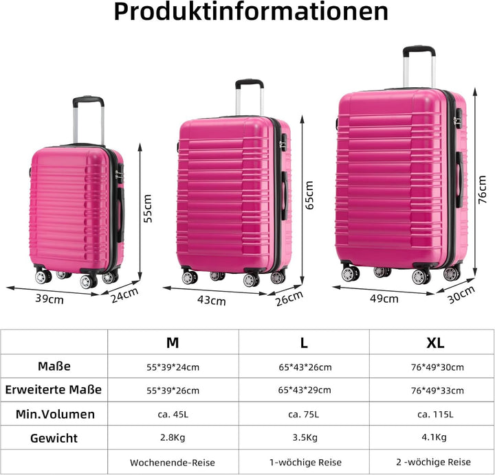 BEIBYE Reisekoffer 2088 Hartschalekoffer Gepäck Koffer Trolley Set, Kofferset in 14 Farben (Peach) P