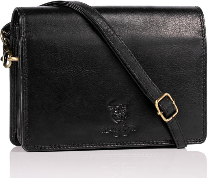 MATADOR Handytasche zum Umhängen Leder Damen Schultertasche Portmonnaie Tasche Handtasche Schwarz Na