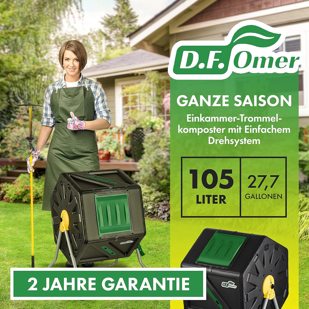 DF OMER Einkammer-Trommelkomposter für den Aussenbereich, Grosses Volumen, Kompaktes Design, 105 Lit