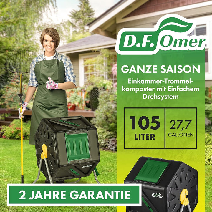 DF OMER Einkammer-Trommelkomposter für den Aussenbereich, Grosses Volumen, Kompaktes Design, 105 Lit