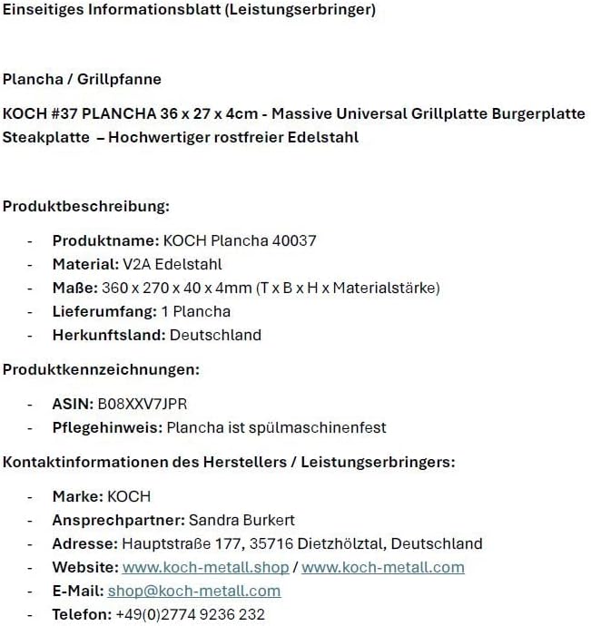 KOCH #37 PLANCHA 36 x 27 x 4cm Höhe 40mm - Grillpfanne Grillplatte Burger- Steakplatte made in Germa
