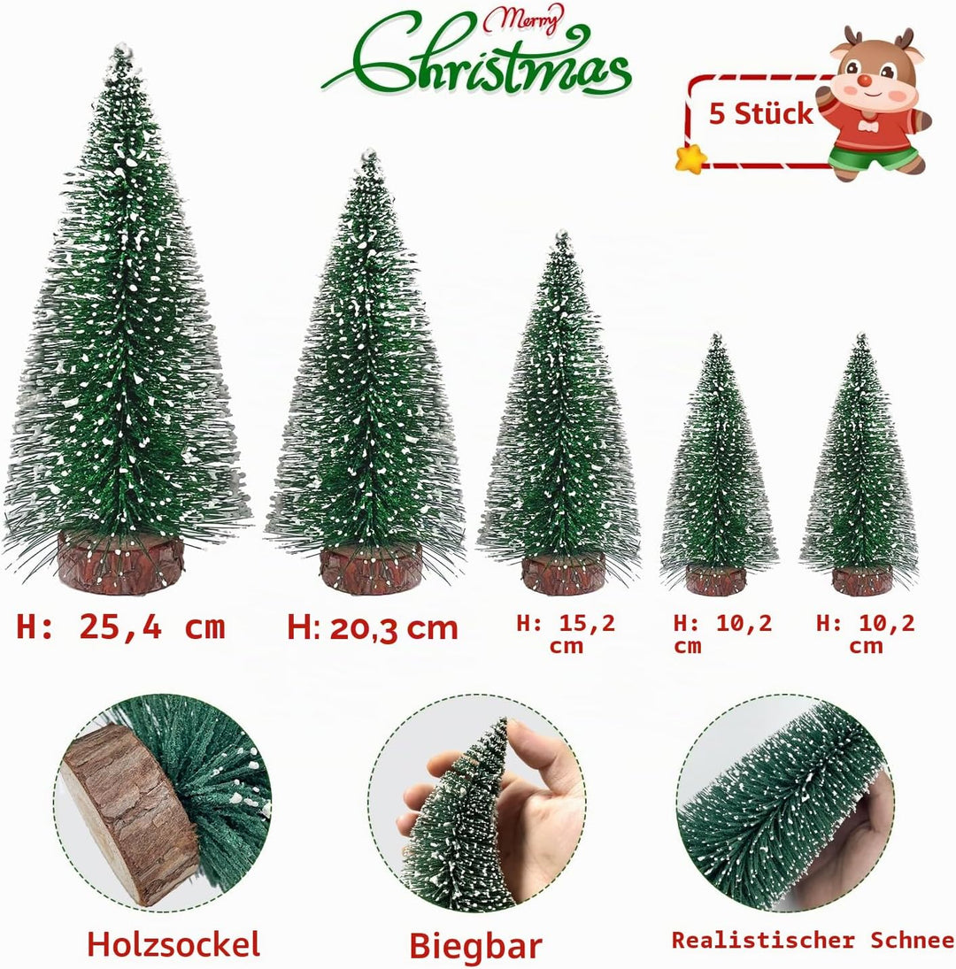 MTKZKAF 5 Stück Tisch-Weihnachtsbaum-Flaschenbürste mit Holzsockel für Dorf, Urlaub, Party, Weihnach