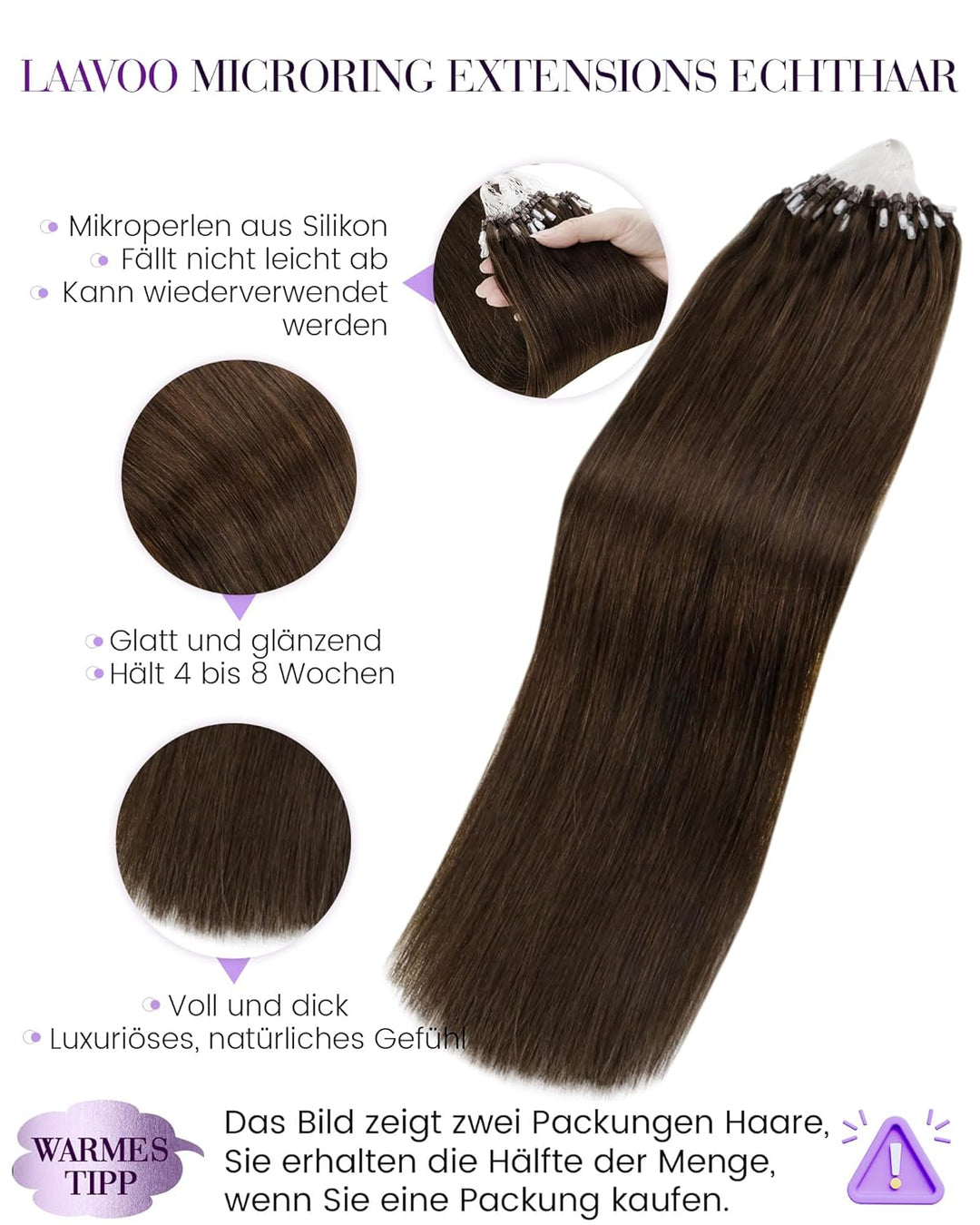 LaaVoo Easy Loop Hair Extensions Echthaar Braun 18zoll/45cm Haarverlängerung mit Microrings Unsicitb