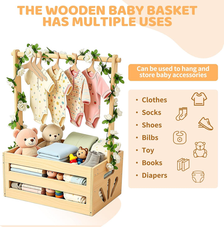 Baby Geschenk Korb aus Holz mit Griff, Baby Aufbewahrungskorb mit Kinder Kleiderbügel und Girlande,