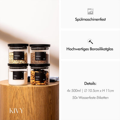 KIVY Vorratsgläser mit transparenten Glasdeckel [4x 500ml] Luftdichte Aufbewahrungsgläser mit Deckel