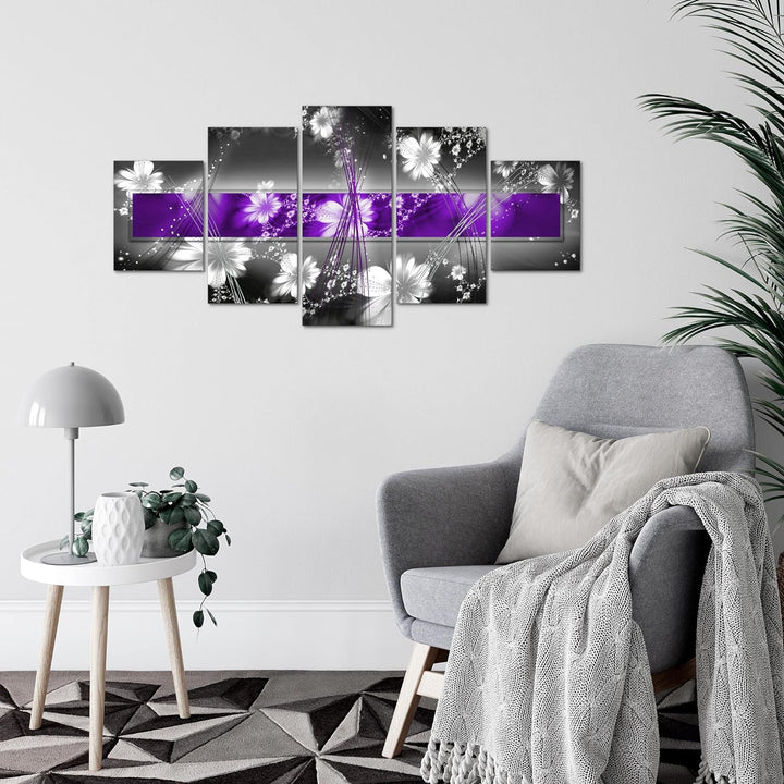 Runa Art Wandbilder Abstrakt Blumen 5 Teilig Bild auf Vlies Leinwand Deko Wohnzimmer Grau Lila Weiss