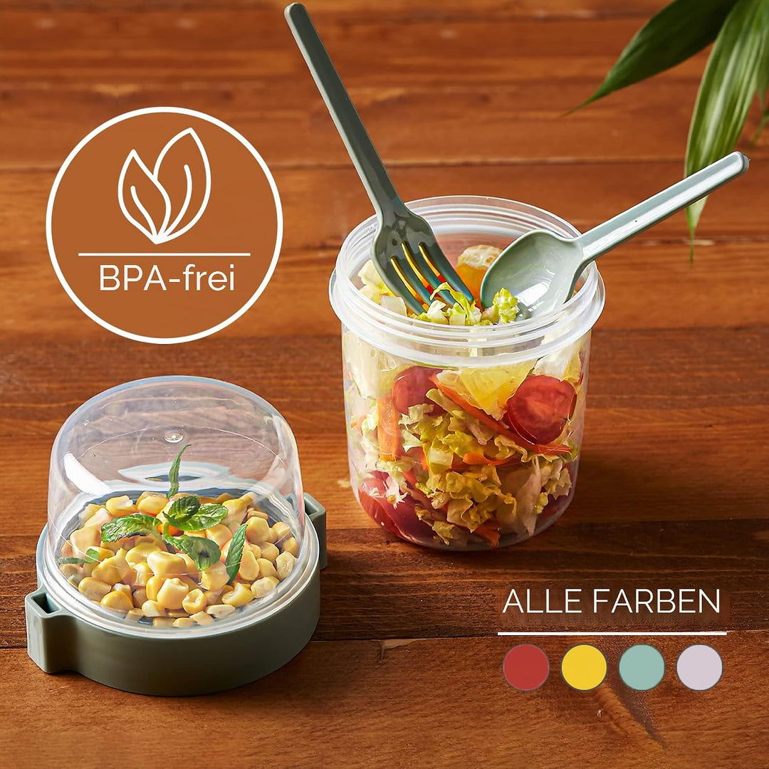 CRYSTALIA Müslibecher to Go mit Löffel & Gabel Set 4, 100 % BPA-FREI Joghurt Becher to Go mit Deckel