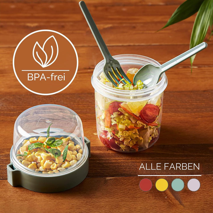 CRYSTALIA Müslibecher to Go mit Löffel & Gabel Set 4, 100 % BPA-FREI Joghurt Becher to Go mit Deckel