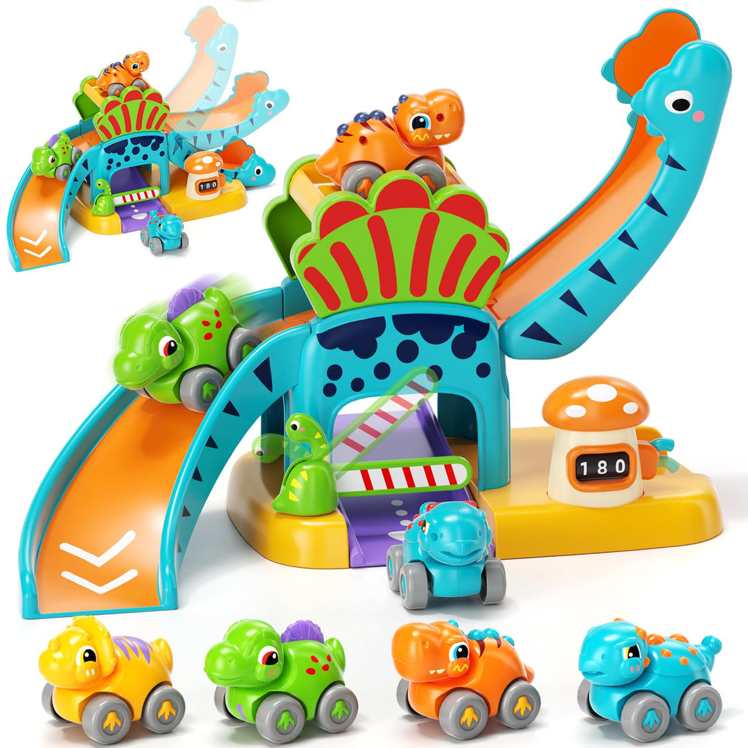 Lehoo Castle Kinderspielzeug ab 1 Jahr, Geschenk für Jungen Mädchen | 4 Dinosaurier Autos mit Parkpl