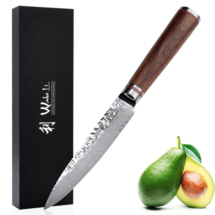 Wakoli Nussbaum Allzweckmesser mit 12,5 cm Klinge aus 67 Lagen Damaststahl mit VG10-Kern, Hammerschl