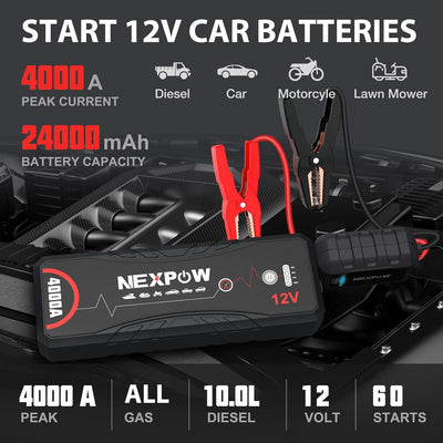 NEXPOW Starthilfe Powerbank, 4000A Spitzstrom Tragbare Auto Starthilfe 12V für Alle Benzin und 10.0L