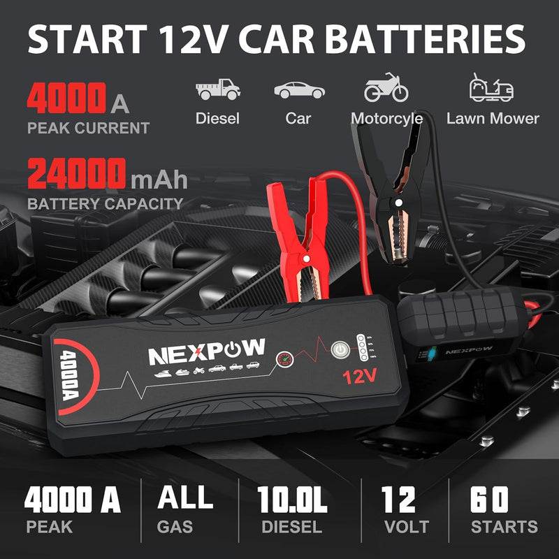 NEXPOW Starthilfe Powerbank, 4000A Spitzstrom Tragbare Auto Starthilfe 12V für Alle Benzin und 10.0L