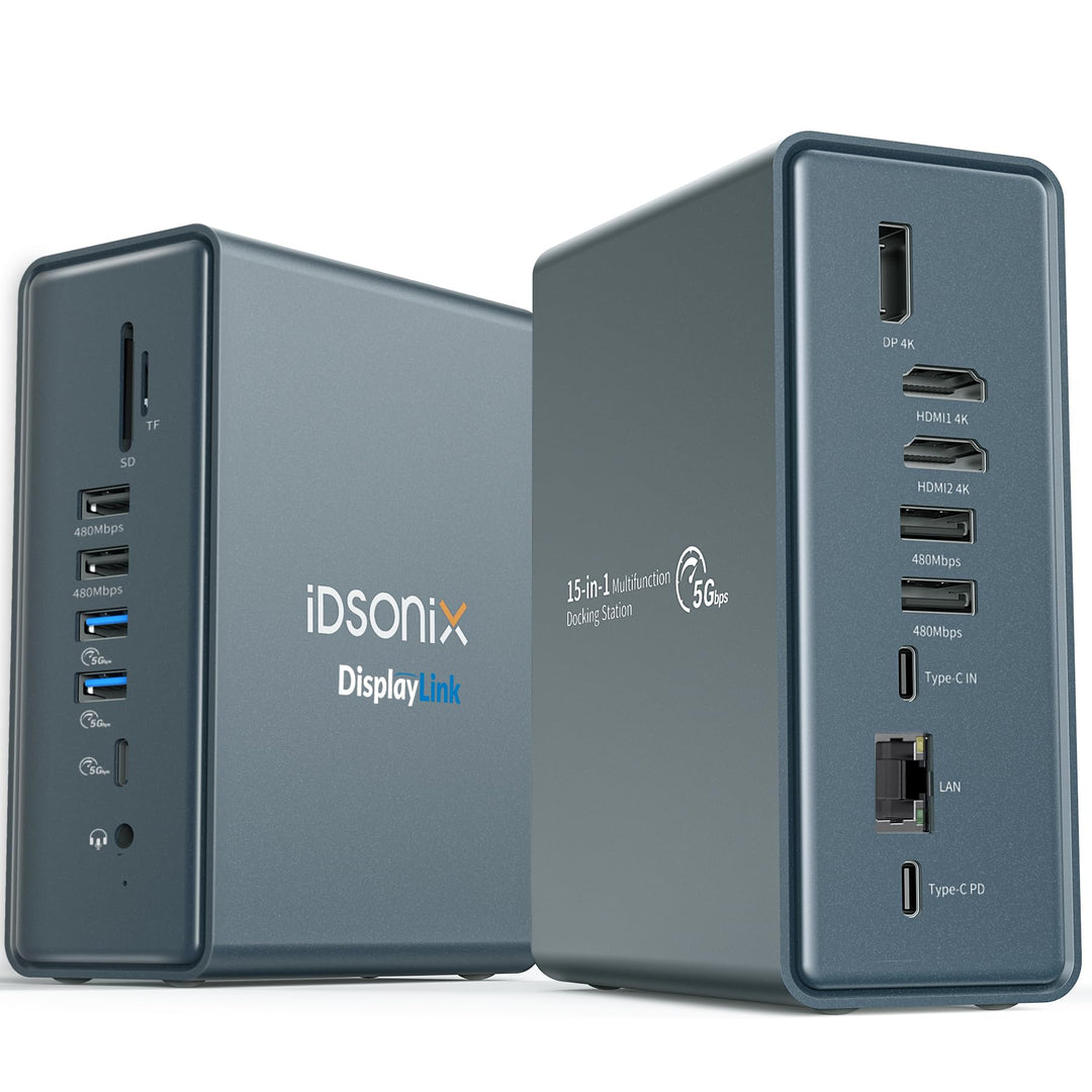 iDsonix USB C Docking Station 15 in 1, Unterstützt Dual-Screen with 2 HDMI 4K@60Hz, DP, USB 3.0/2.0,