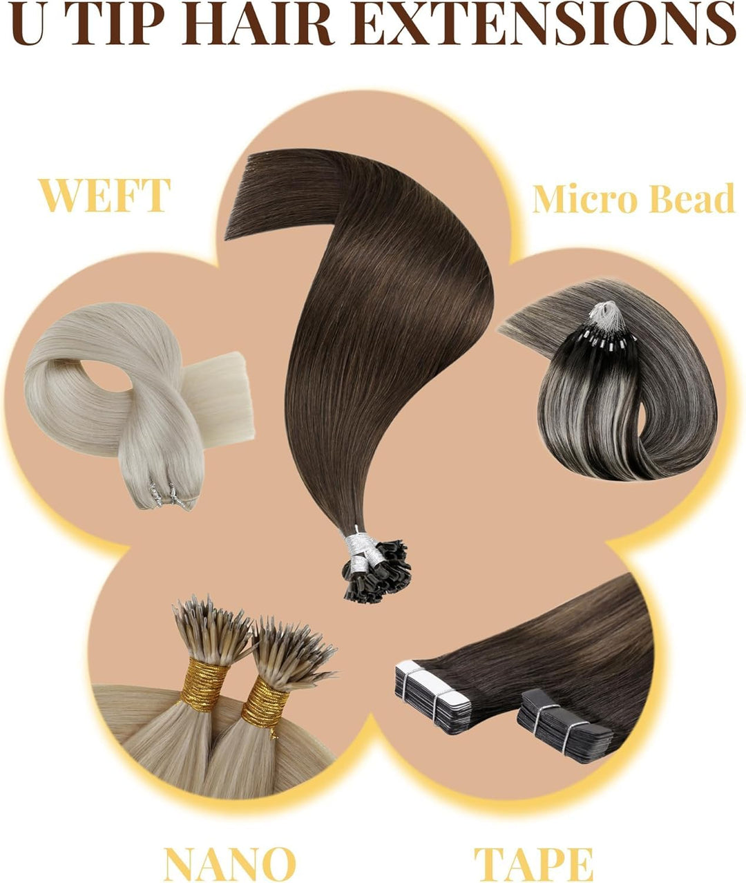Hetto Echthaar Microring Extensions Balayage Microring Echthaar Extensions Dunkelstes Braun bis Hell