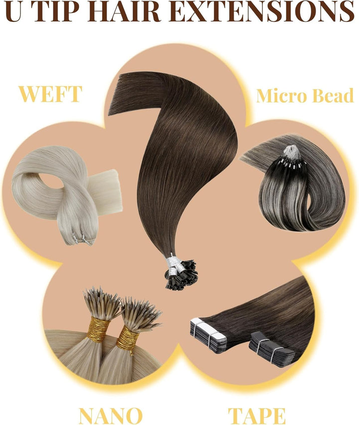 Hetto Echthaar Microring Extensions Balayage Microring Echthaar Extensions Dunkelstes Braun bis Hell