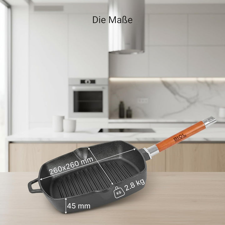 BIOL Quadratische Grillpfanne aus Gusseisen 26×26 cm – Für Induktion, Backofen & Grill (mit Glasdeck