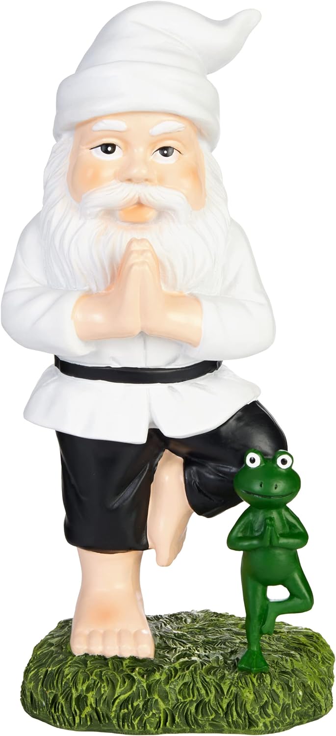 BRUBAKER Gartenzwerg Yoga Übung Baum Zwerg mit Frosch - Gartenfigur Sport Figur Vrksasana - Zen Deko