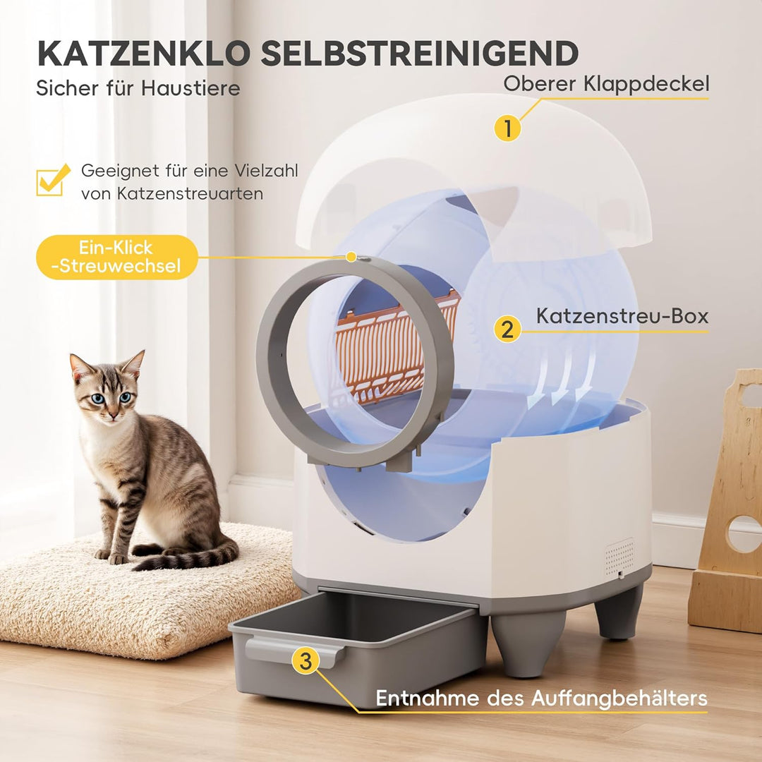 Devoko Selbstreinigendes Katzenklo, 90 l, Elektrisch, mit Müllbeuteln und Matte, Grosse Kapazität, S