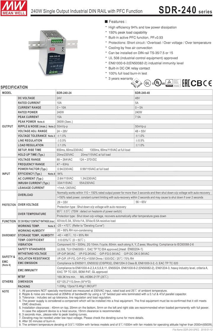 MeanWell 48V SDR-240-48 Netzteil 240W 5A Hutschienennetzteil slim 63mm DINRail