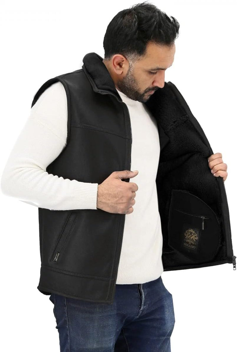 Hollert Herren Lammfellweste Luca Fellweste Echtleder Merino Schaffell Jagdweste warme Outdoorweste