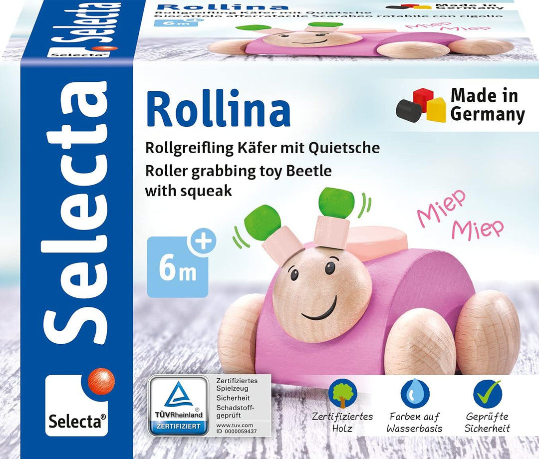 Rollina, 61072 rosa, Greifling mit Quietsche aus Holz, 7,5 cm