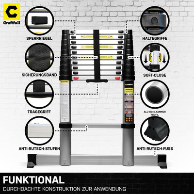 𝐂𝐑𝐀𝐅𝐓𝐅𝐔𝐋𝐋 Aluminium Teleskopleiter CF-101B | 𝟑 𝐉𝐀𝐇𝐑𝐄 𝐆𝐀𝐑𝐀𝐍𝐓𝐈𝐄 - Finger Protection - Ausziehleiter -