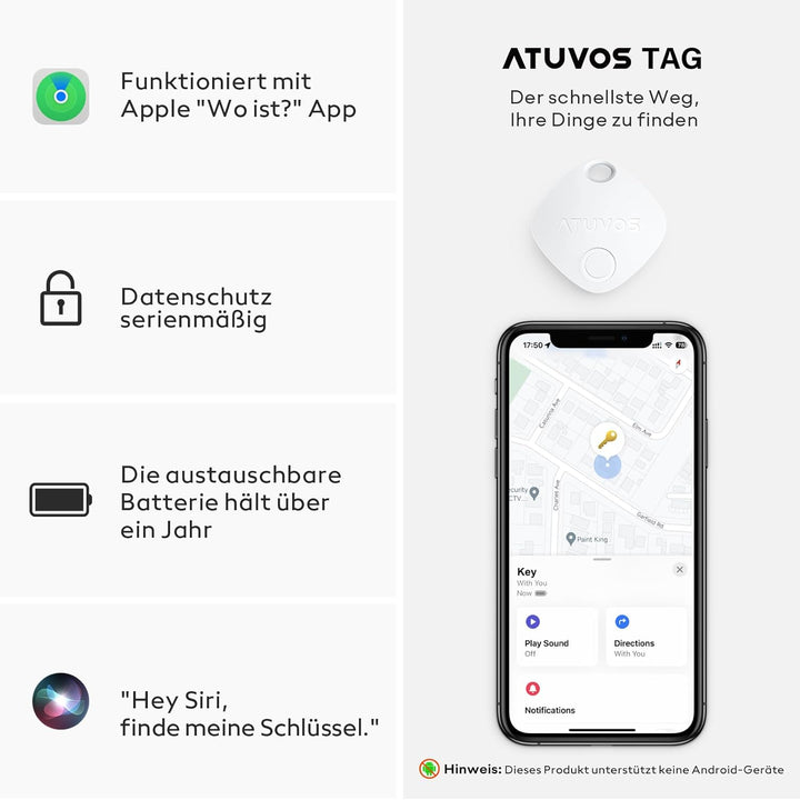 ATUVOS Schlüsselfinder KeyFinder 4er Pack, iOS Smart Bluetooth Tracker Tag Kompatibel mit Apple Wo i